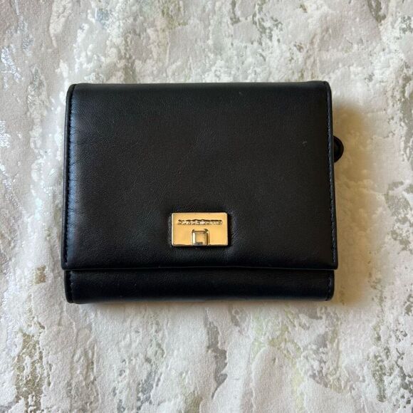 Liz Claiborne 90s Y2K Tri  Fold Leather Wallet Black Gold Hardware - Picture 1 of 8